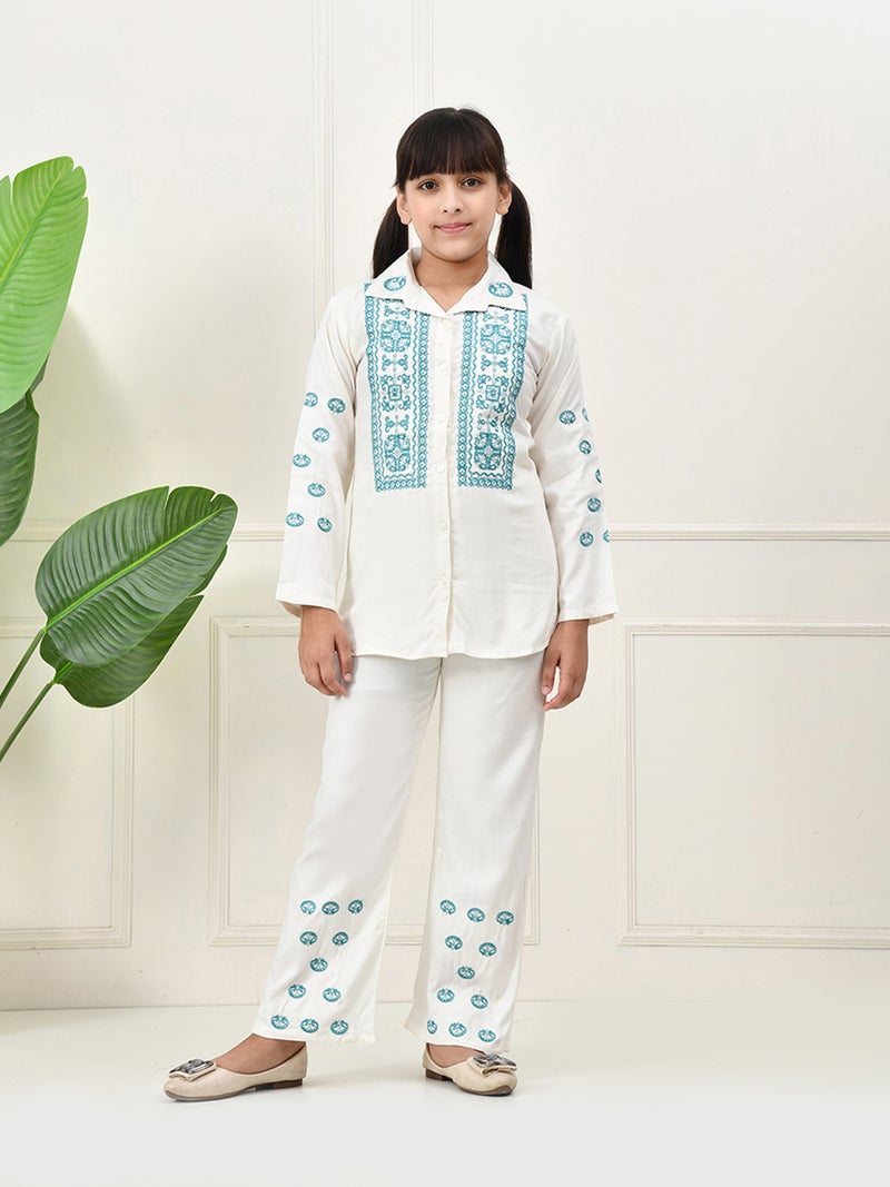 Cotton Woven Embroidered Top & Pant Set - White for Girls